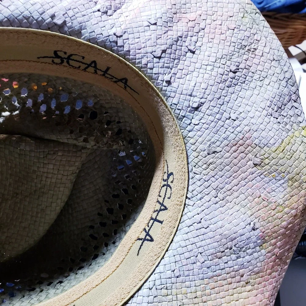 Vintage Scala Straw Hat Upcycled Painted‎ beads, feathers